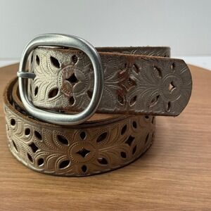 Fossil Bronze Gold Leather Belt Floral Cutout‎ Western Boho Large 36"